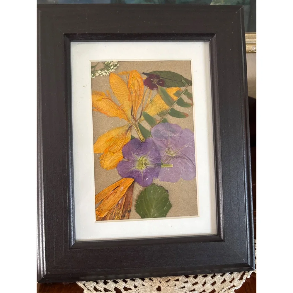 Pressed Flower Art Framed Botanical Wall Decor Yellow Purple Dried Floral 6x8